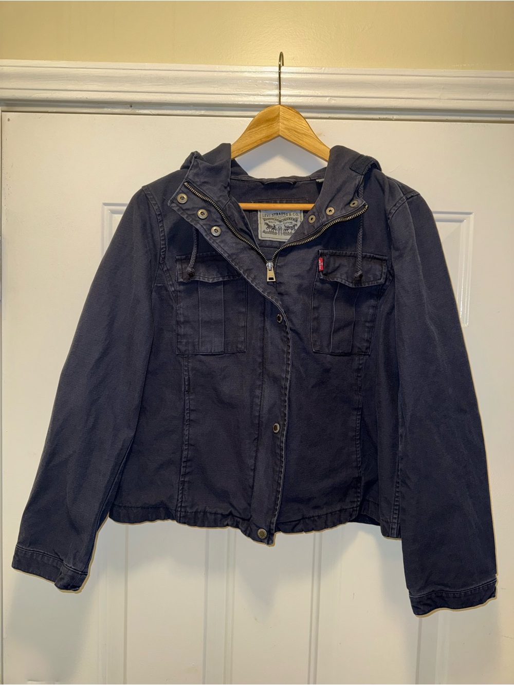 Levi’s Womens Medium Hooded Utility Jacket Navy Zip Snap Cotton Coat M